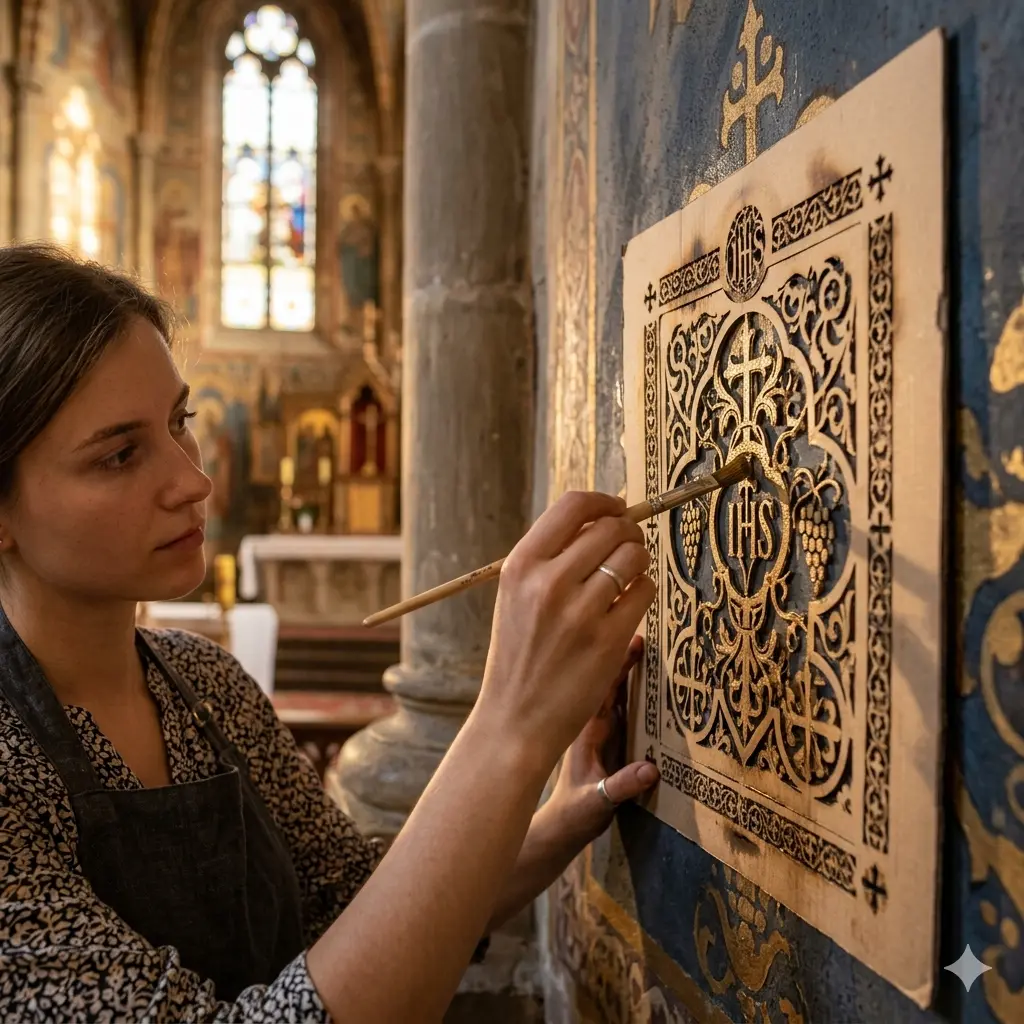 Freski i ornamenty: Odtwarzanie tradycyjnych wzorów i motywów religijnych na ścianach i sufitach kościołów czy kaplic.